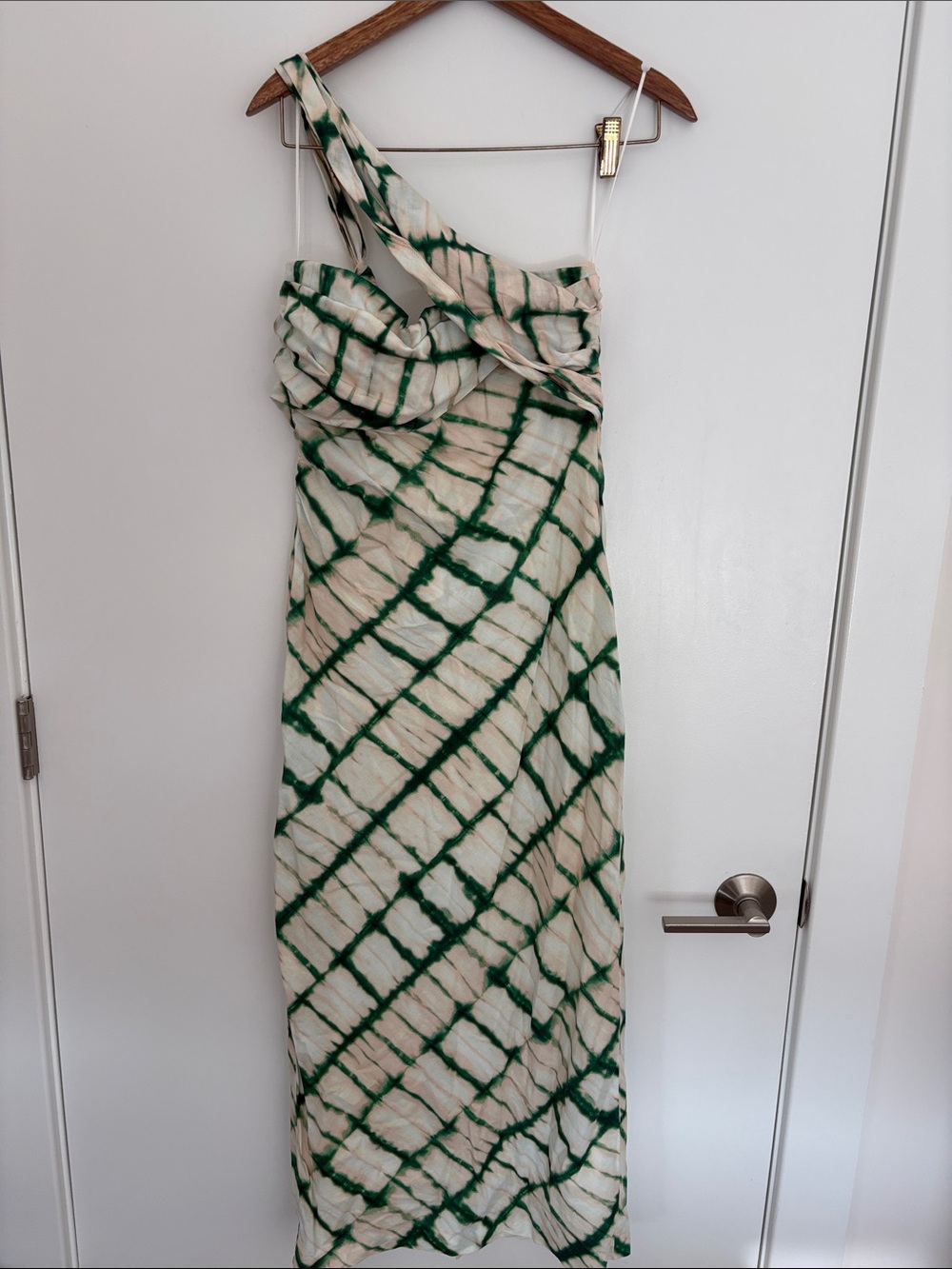 Zara One-Shoulder Green and Cream Tie-Dye Maxi Dress